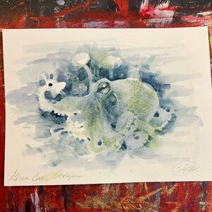 Original octopus Watercolor Painting Green Baby squid Art mushrooms ocean Decor